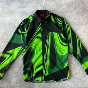 HUGO BOSS Hugo Green Black Abstract Print Shirt Straight Fit Size L